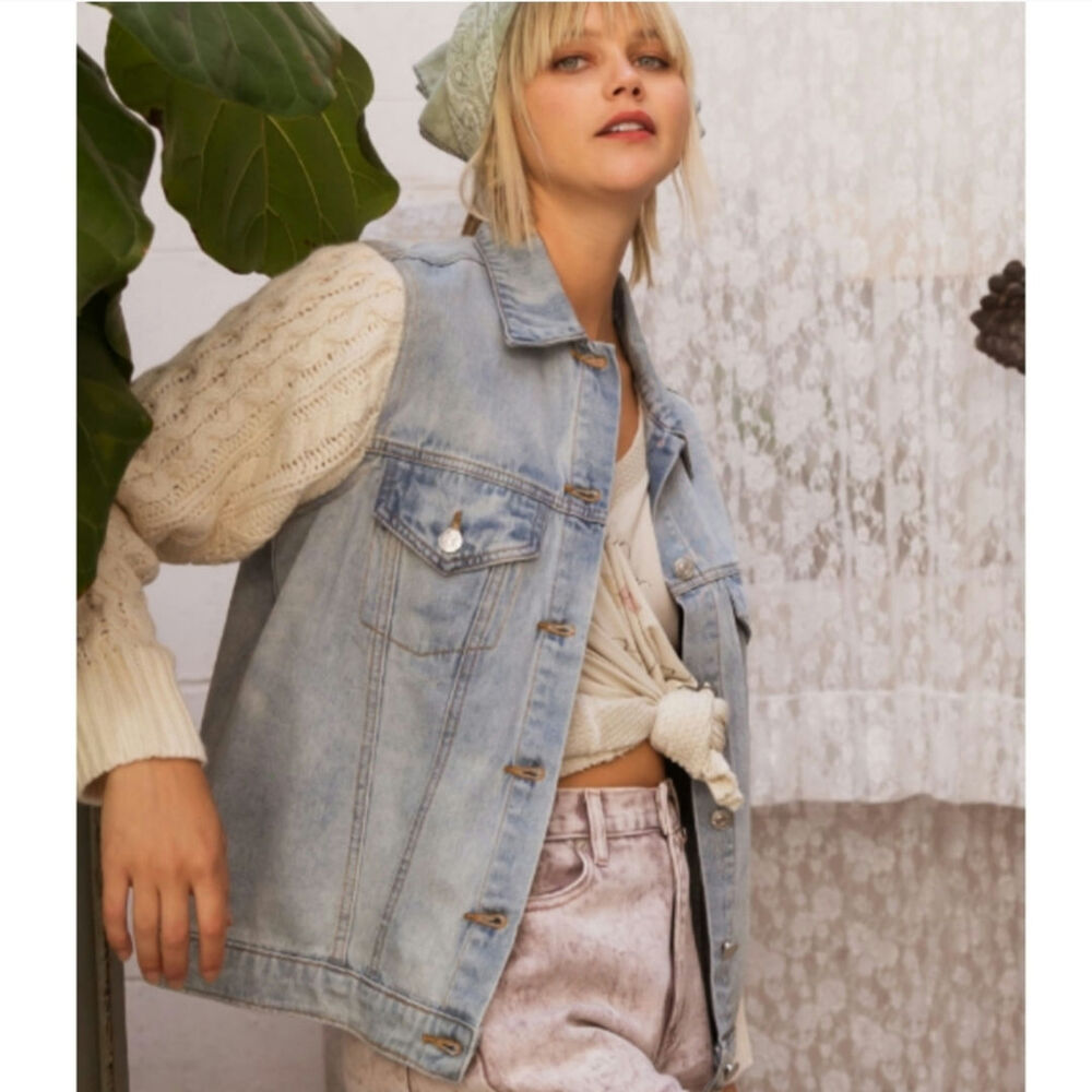 POL sweater sleeve denim jacket blue cream small - Picture 3 of 5